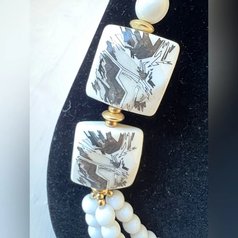 Vintage Japan 3-Strand White Bead and Hand-Painted Ceramic tiles Necklace Signed